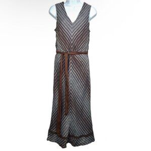 Sundance Allende Midi Dress Bias Cut Gray Brown Stripe Linen Lined Belted